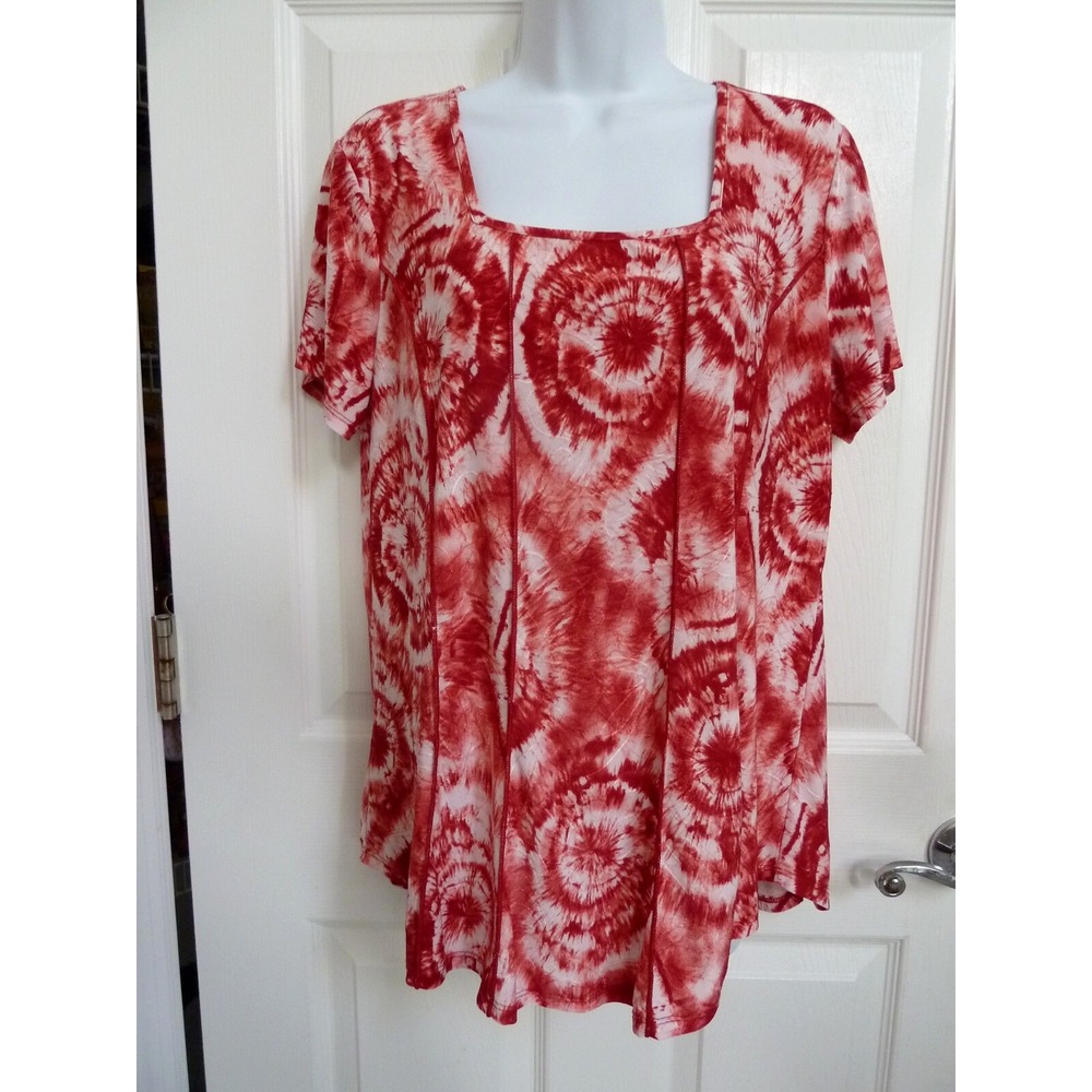 Sami & Jo Women Red White Tie-Dye Square Neck Pullover Top Blouse Large